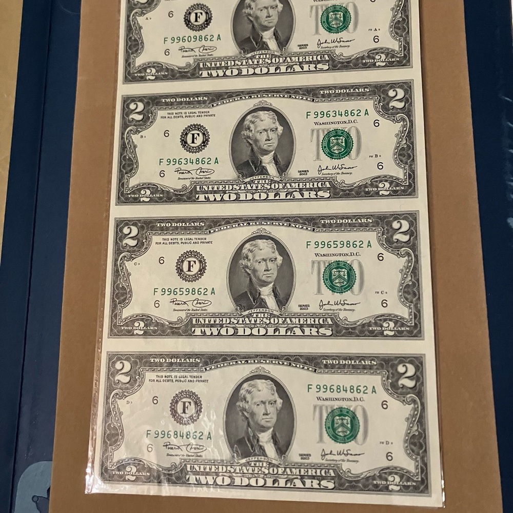 2003 USA $2 Gem Uncut Banknote Sheet of 4